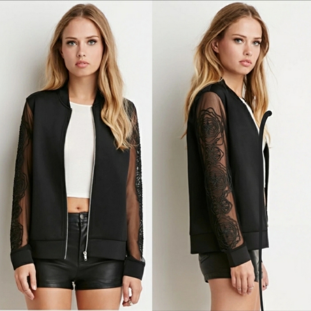 F21 Black Embroidered Sleeve Bomber Jacket Size Small
